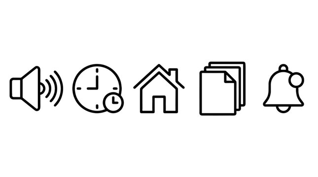 Line icon set with speaker clock home documents and bell