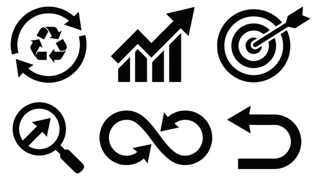 Black arrow and symbol icon set with recycle, growth, target and loop