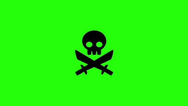 Dynamic 4K resolution asset showing a classic pirate emblem skull with dual crossed swords sabers blade weapons bouncing. Playful popup transition element.