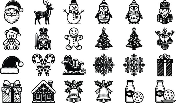 Charming collection of black and white christmas icons including santa claus, reindeer, and a snowman.