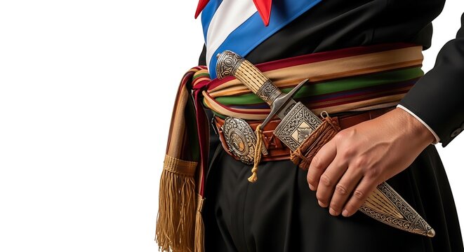Traditional costume with colorful sash belt.