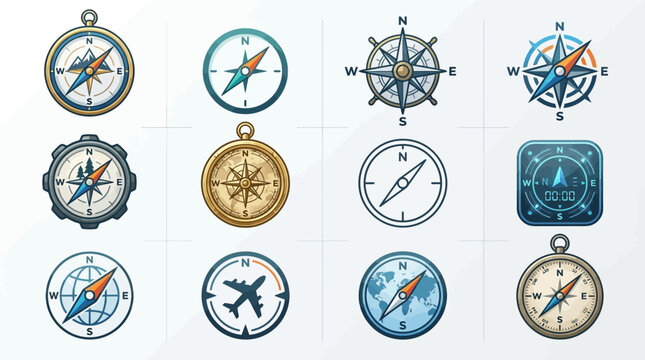 Various compass illustrations arranged in rows on a white background with travel and navigation themes