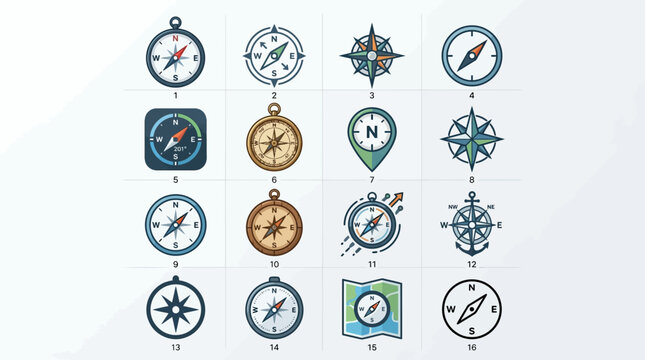 Vector graphics of various compasses and navigational symbols are displayed