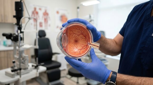 Ophthalmologist demonstrates a detailed anatomical model of the human eye in clinic