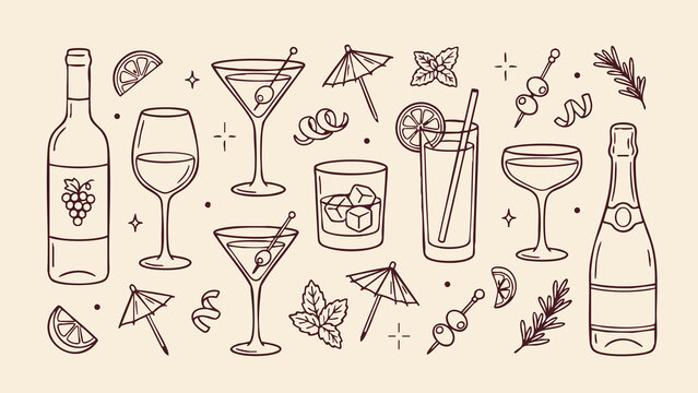 Cocktail and Wine Icon Vector Set for Bar Menu Design