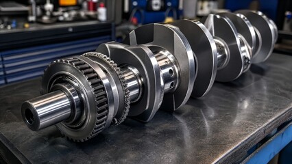 Fototapeta premium crankshaft. Polished metal crankshaft on an industrial workbench, detailed view of gears and bearings. safety posters.