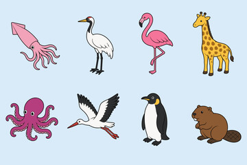 Obraz premium A colorful collection of various animals including a squid, octopus, crane, flamingo, giraffe, penguin, and beaver in a flat style