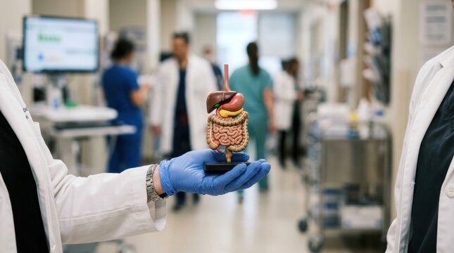 Doctor holding a model of the human digestive system in a hospital hallway