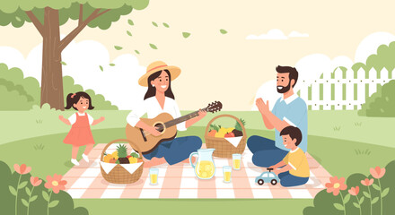 Naklejka premium Family Picnic Enjoying Music and Snacks Outdoors