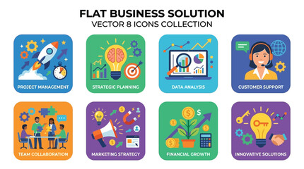 Fototapeta premium Dynamic Flat Business Solution Vector Icons Collection for Strategic Planning, Data Analysis, Team Collaboration, Marketing Strategy, and Innovative Growth