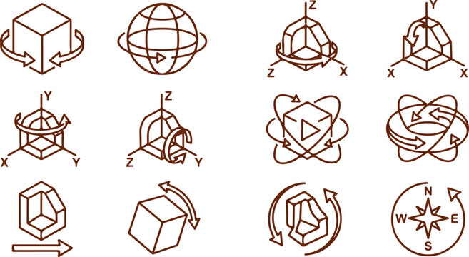 Set of rotation and axis icons vector illustration, symbolizing movement, direction and coordinate systems.