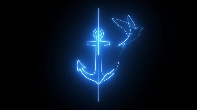 Continuous line neon blue anchor and flying bird loop animation, hope freedom and naval concept