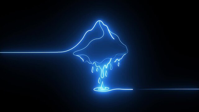 Continuous line neon blue melting iceberg animation on black background, global warming concept
