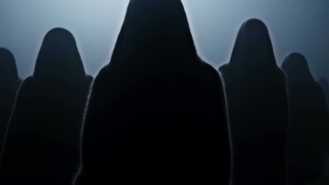 Mysterious hooded figures emerge from fog in dark atmospheric scene