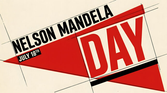 Nelson Mandela Day graphic with July 18th date and bold red geometric design celebrating freedom