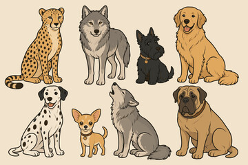 Fototapeta premium A colorful illustration featuring various dog breeds alongside a leopard, in a playful, cartoonish style