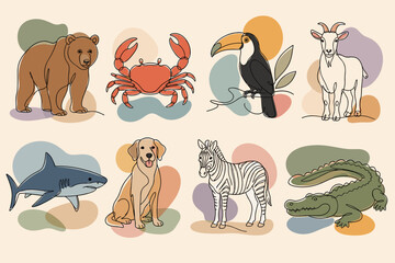 Fototapeta premium A colorful collection of animal illustrations featuring a bear, crab, toucan, goat, shark, dog, zebra, and crocodile in a modern, minimalist style
