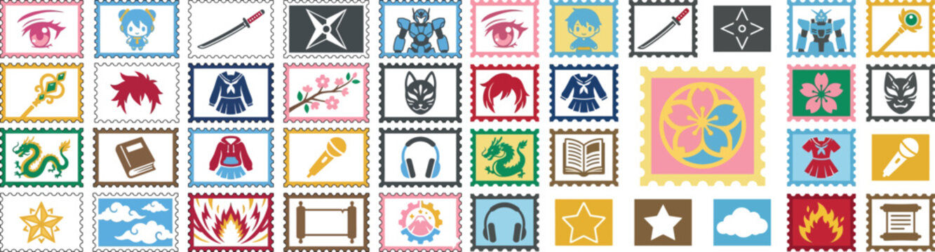 Anime Challenge Stamp Icon Collection with Manga, Characters, and Fantasy Symbols