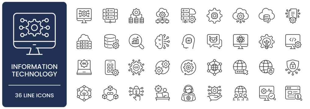 Information technology icon set. Collection of cloud computing, IT infrastructure, software development, big data and cybersecurity line icon vector illustration with editable stroke.