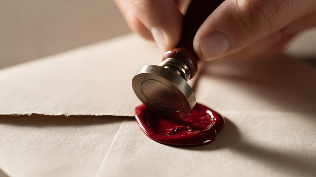 Close-up hand press seal wax old paper document traditional security communication confidential history secret letter mail ceremony