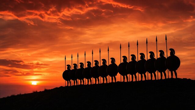 phalanx. Silhouette of warriors in phalanx formation against a dramatic sunset. inspiring travel planning, event programs, designed for cultural heritage projects and event programs.