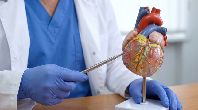 Doctor points to anatomical heart model, explaining cardiovascular system health