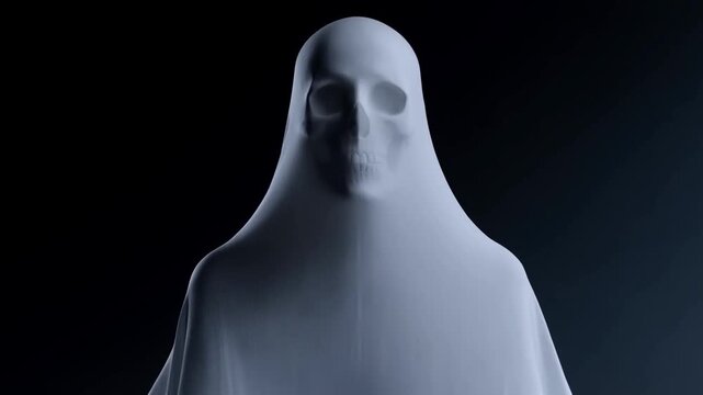 Slow motion dolly in reveal of skull under draped white sheet with billowing fabric in dark studio backdrop and soft high contrast lighting