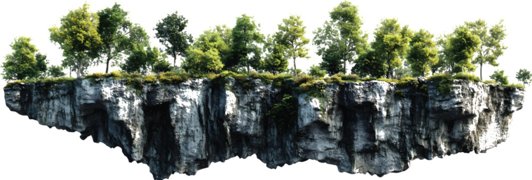 an ultra-realistic, high-resolution image of a forest on top of a cliff, on a transparent background