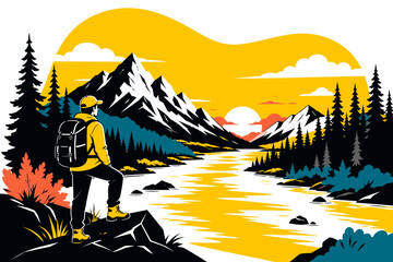 Fototapeta premium A hiker stands by a river, surrounded by vibrant mountains and trees, in a modern, colorful illustration style