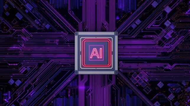 Vertical low-angle closeup of stylized AI computer chip with red outline, metallic texture chip on purple glowing circuit board, futuristic luminous circuit network, dark blurred background, shallow d