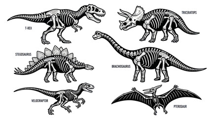 Dinosaur Skeletons: T-Rex, Triceratops, Stegosaurus, Brachiosaurus, Velociraptor, Pterodactyl © Roni