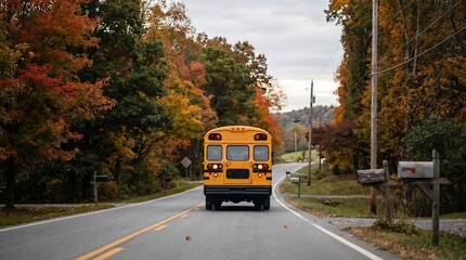 Obraz premium Yellow school bus driving on rural road through autumn trees, student transportation and back to school commute.