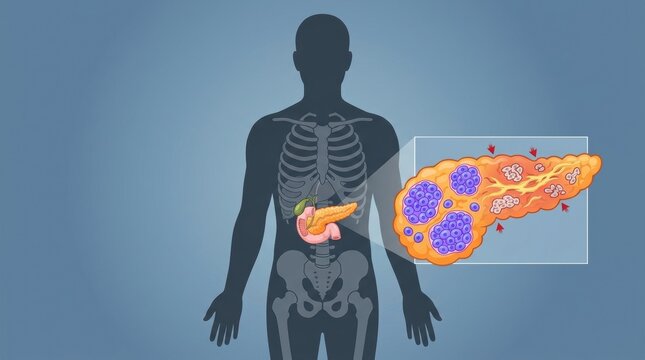 Illustration of the human pancreas showing cellular structures and surrounding organs
