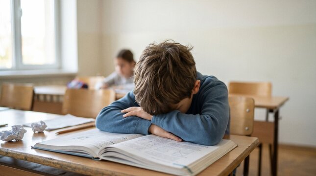 Tired schoolboy resting head on open textbook in classroom symbolizing childhood stress, frustration and learning difficulties.