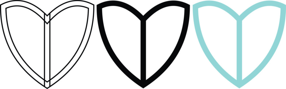 Heart shaped shield with vertical line in different styles isolated on white background.