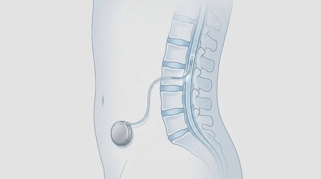 Spinal cord stimulator implant showing device placement near the lumbar spine