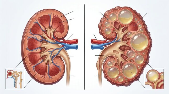 Comparison of a healthy kidney cross-section with a polycystic kidney disease illustration