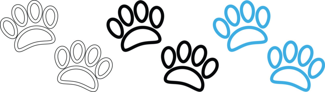 Set of cute animal paw prints in black line art solid black and blue color flat design.