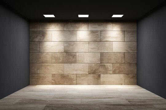 Illuminated stone wall in a modern, minimalist empty room