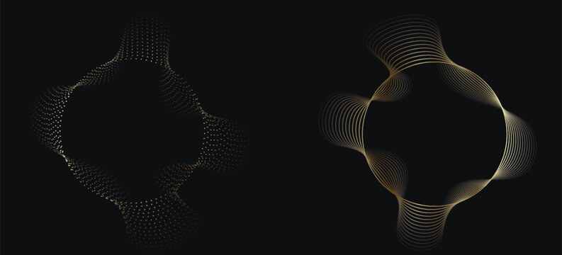 Abstract circle wave lines, gradient light equalizer gold wavy curve. Round frame in luxury golden color isolated on black background. Editable stroke. Vector illustration with copy space