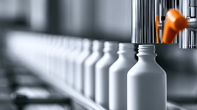 White plastic bottles move along an automated assembly line