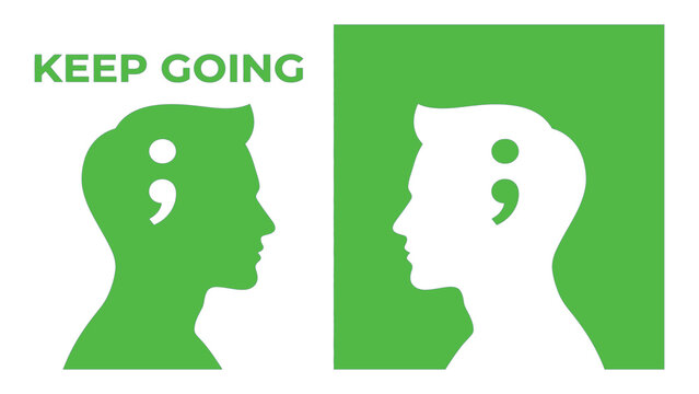 Profile silhouettes feature semicolon symbols representing mental health awareness.