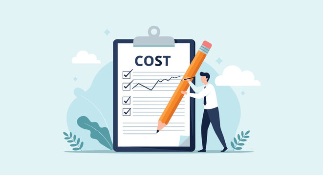 Cost analysis and expense tracking concept features a worker with a giant pencil marking items on a business clipboard.
