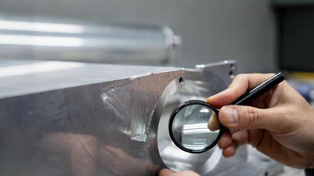 Closeup of a technician examining cut edges for burrs and tolerance accuracy using a magnifier ensuring precision in finished parts under bright workshop lighting