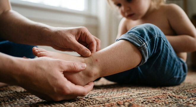 Parent checking and examining a small tick bite mark on a toddler's ankle at home