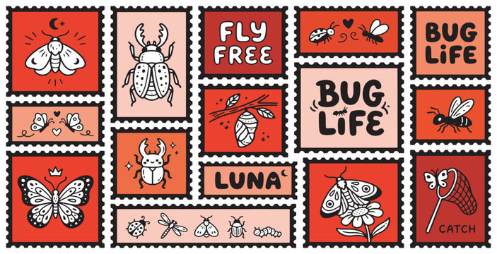 Collection of whimsical postage stamps featuring various insects and nature-themed illustrations.