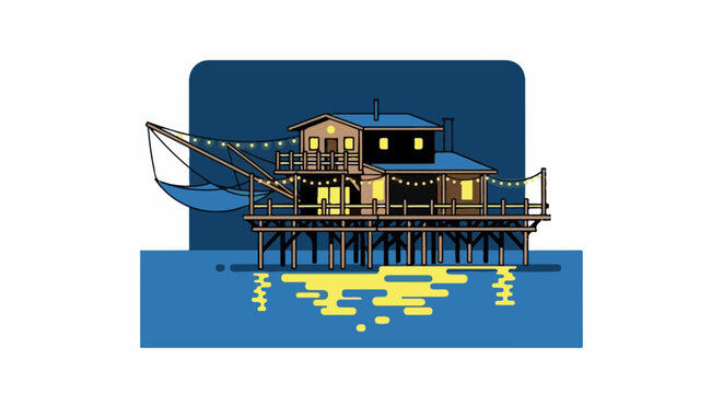 Illuminated fishing shack on stilts over water at night with reflections