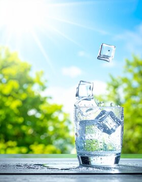 清涼感あふれる夏の青空と水しぶきをあげてグラスに落ちる氷のダイナミックな素材