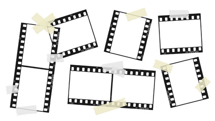 Fototapeta premium Trendy vintage photo strip with torn pieces of adhesive tape. Retro grunge film strip on transparent background. Template for vintage collage design.