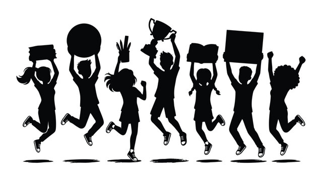 Children silhouettes jump in the air while holding various academic and sports items.
